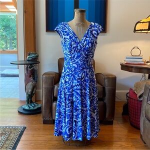 Lauren Ralph Lauren Blue & White Print Fit & Flare Dress Size 6 NWOT